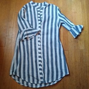 Chambray Striped Ruffle Sleeve Shirt Dress